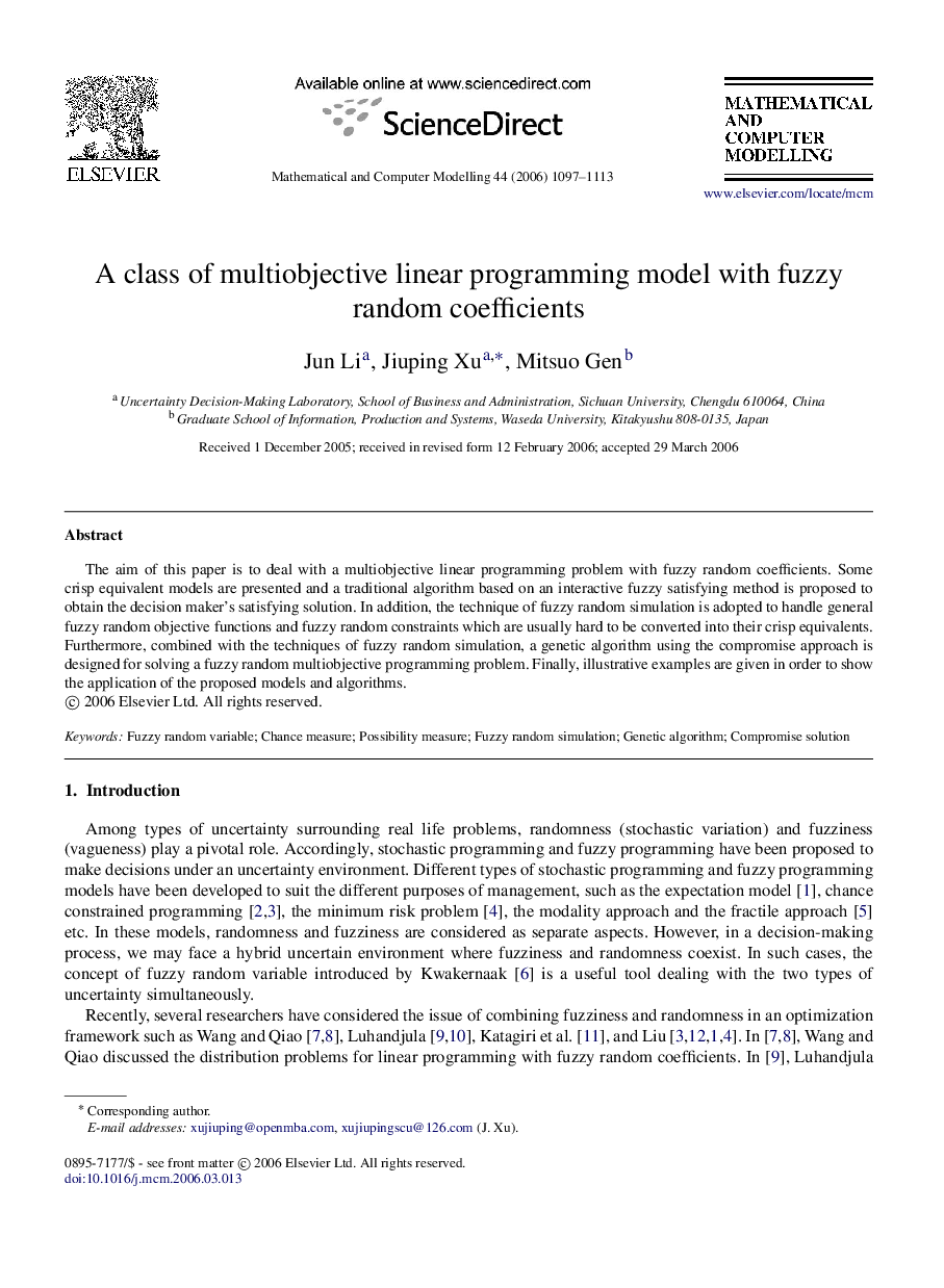 A class of multiobjective linear programming model with fuzzy random coefficients