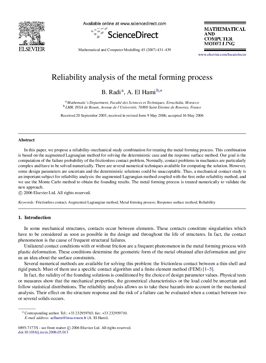 Reliability analysis of the metal forming process