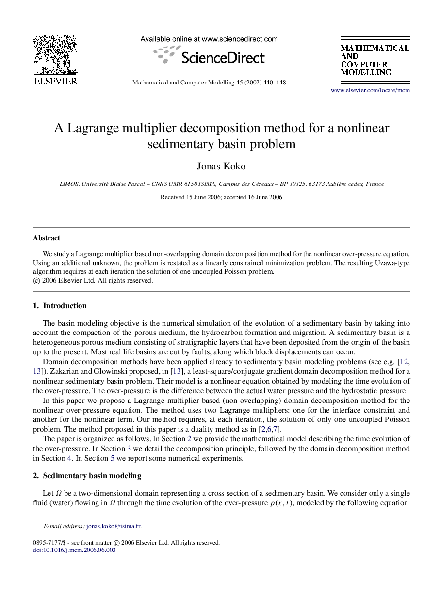 A Lagrange multiplier decomposition method for a nonlinear sedimentary basin problem