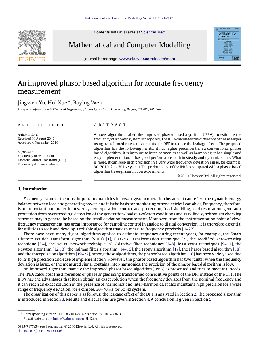 An improved phasor based algorithm for accurate frequency measurement