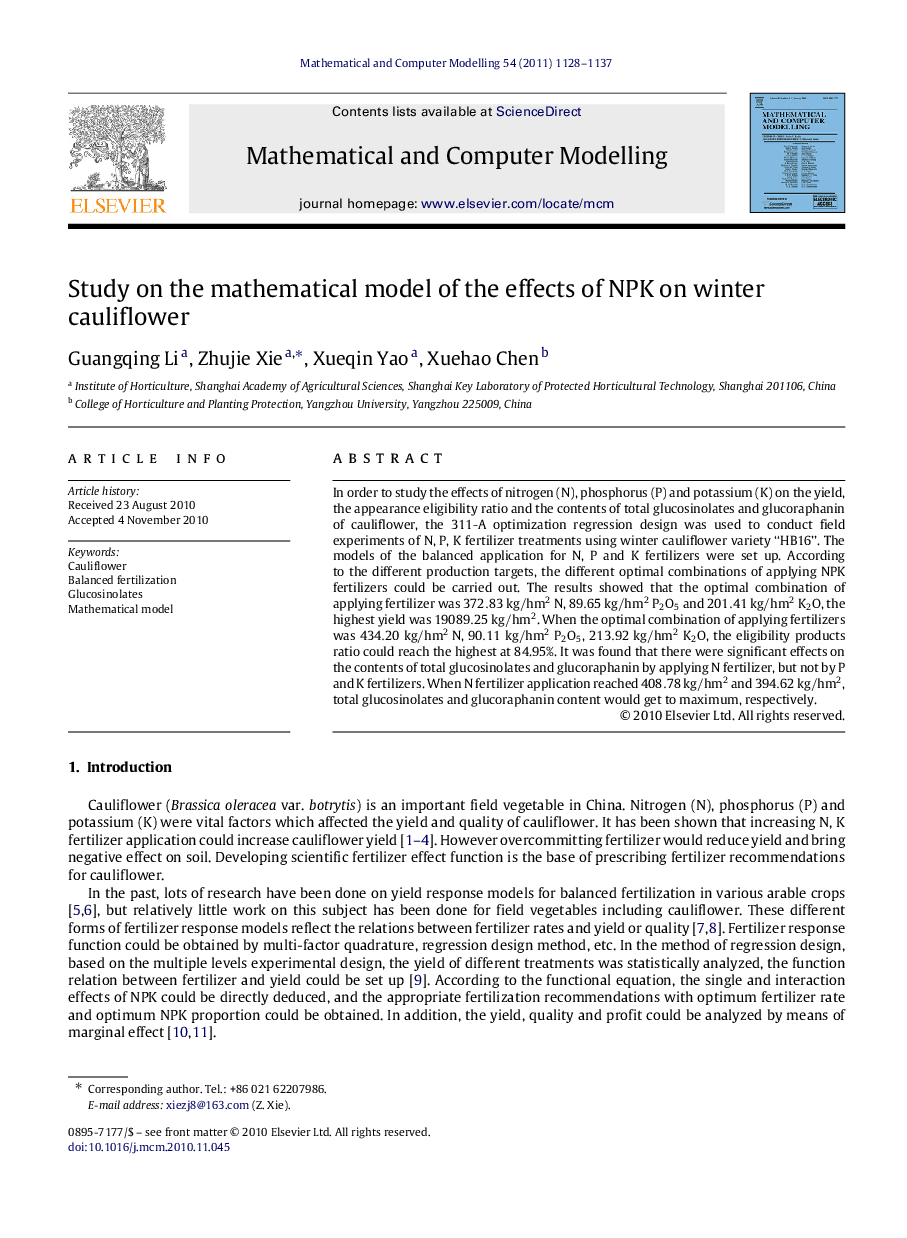 Study on the mathematical model of the effects of NPK on winter cauliflower