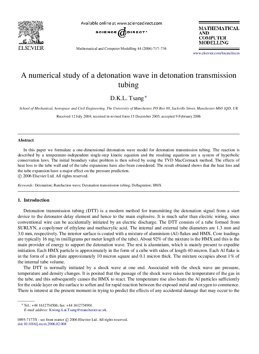 A numerical study of a detonation wave in detonation transmission tubing