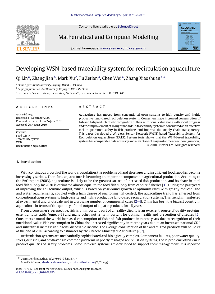 Developing WSN-based traceability system for recirculation aquaculture