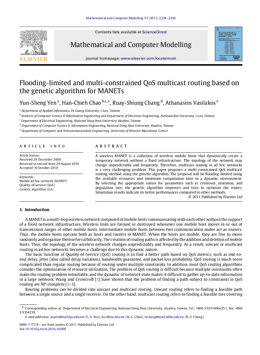 Flooding-limited and multi-constrained QoS multicast routing based on the genetic algorithm for MANETs