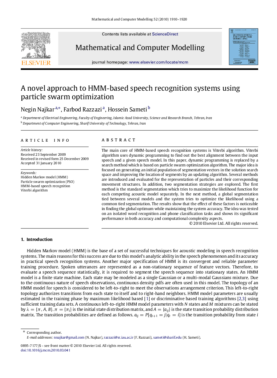 A novel approach to HMM-based speech recognition systems using particle swarm optimization