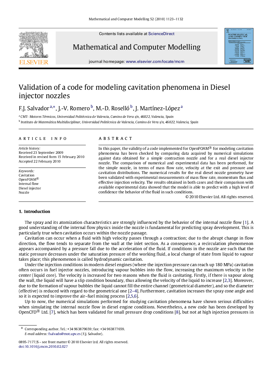 Validation of a code for modeling cavitation phenomena in Diesel injector nozzles