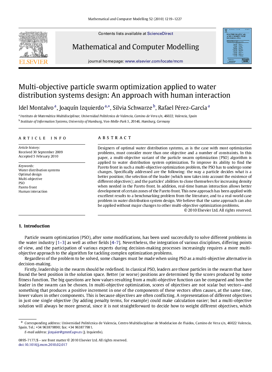 Multi-objective particle swarm optimization applied to water distribution systems design: An approach with human interaction