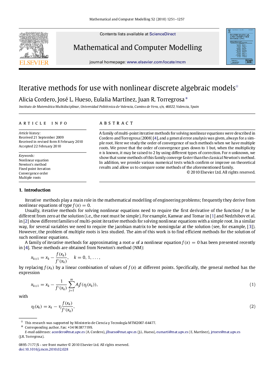 Iterative methods for use with nonlinear discrete algebraic models 