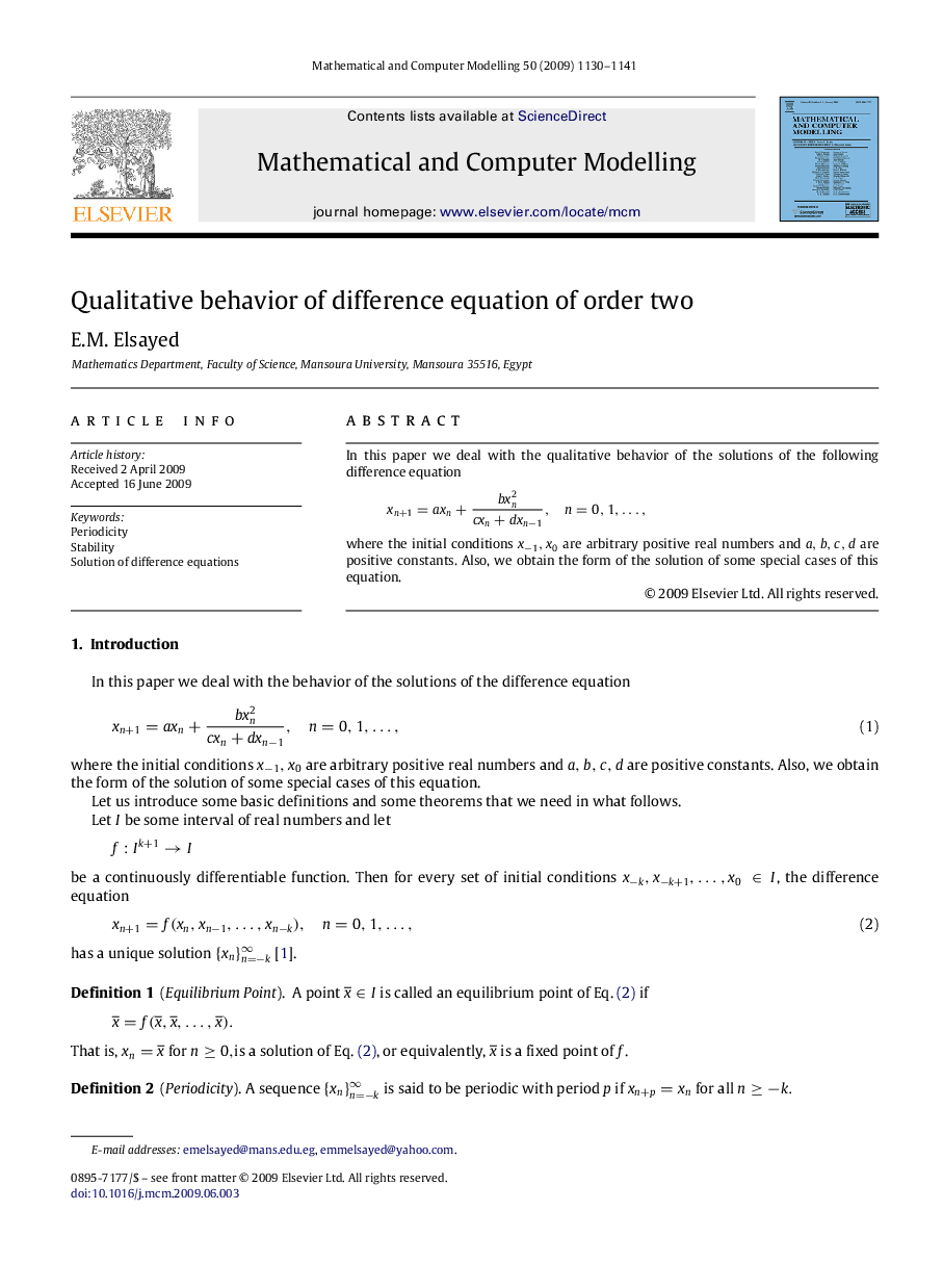 عکس صفحه اول مقاله: Qualitative behavior of difference equation of order two Qualitative behavior of difference equation of order two