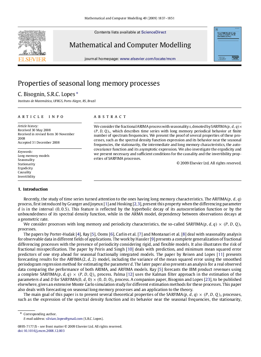 Properties of seasonal long memory processes