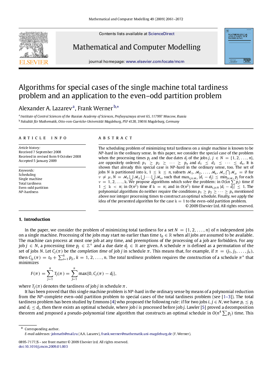 Algorithms for special cases of the single machine total tardiness problem and an application to the even–odd partition problem