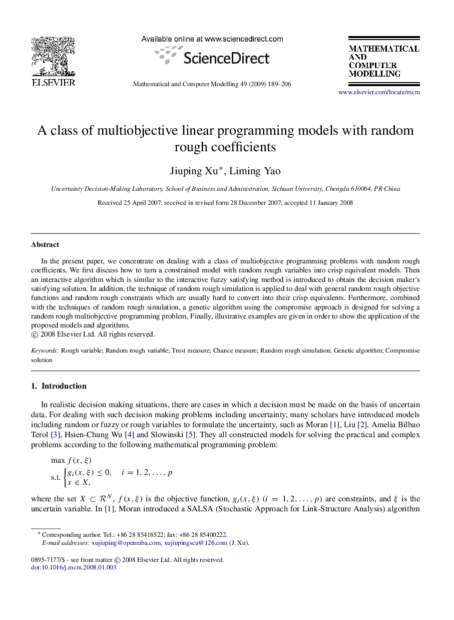 A class of multiobjective linear programming models with random rough coefficients