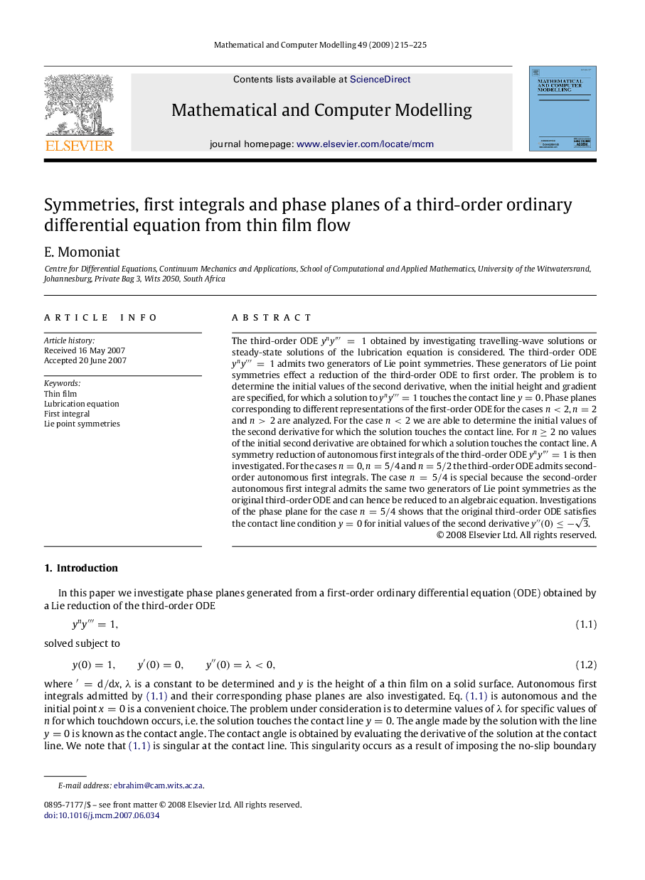 Symmetries, first integrals and phase planes of a third-order ordinary differential equation from thin film flow