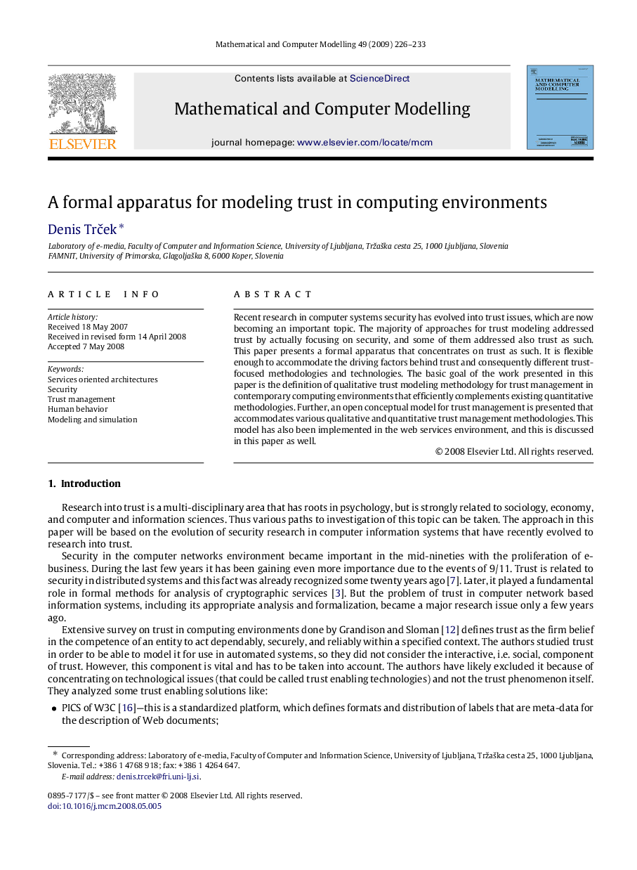 A formal apparatus for modeling trust in computing environments