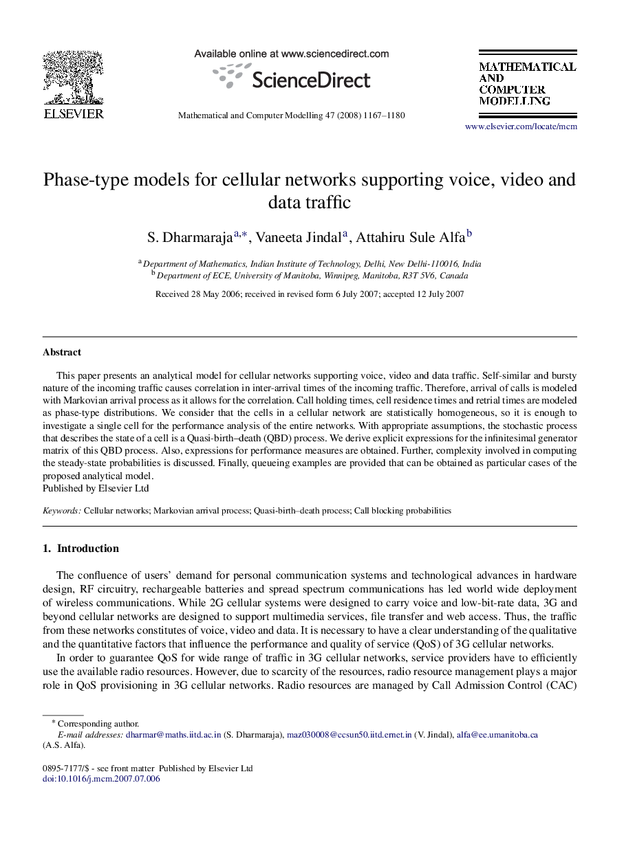 Phase-type models for cellular networks supporting voice, video and data traffic