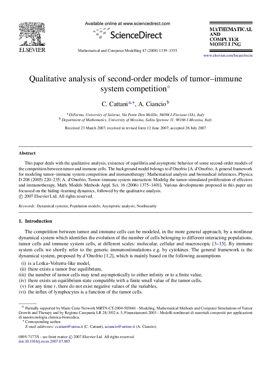 Qualitative analysis of second-order models of tumor–immune system competition 