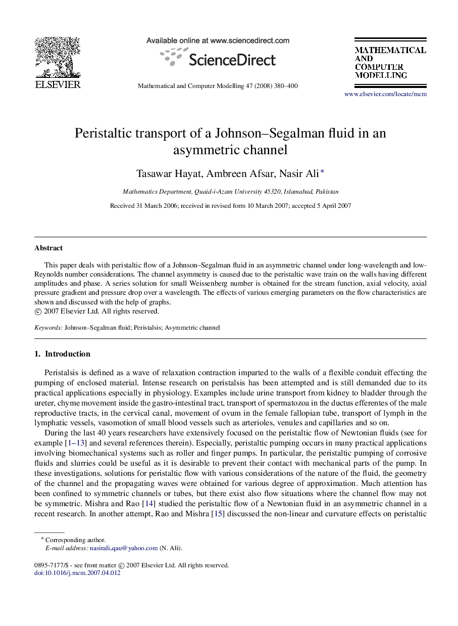 Peristaltic transport of a Johnson–Segalman fluid in an asymmetric channel