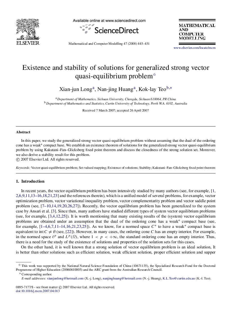 Existence and stability of solutions for generalized strong vector quasi-equilibrium problem 