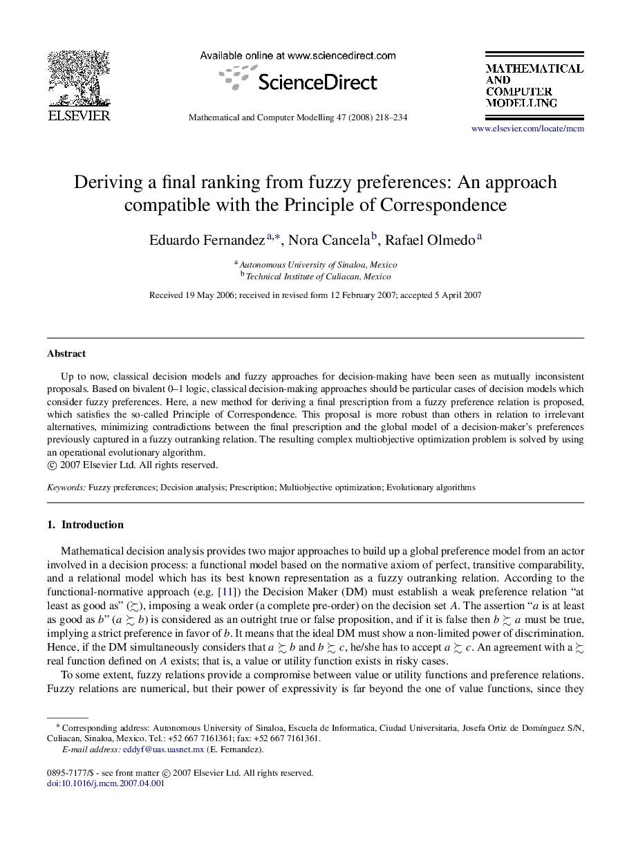 Deriving a final ranking from fuzzy preferences: An approach compatible with the Principle of Correspondence