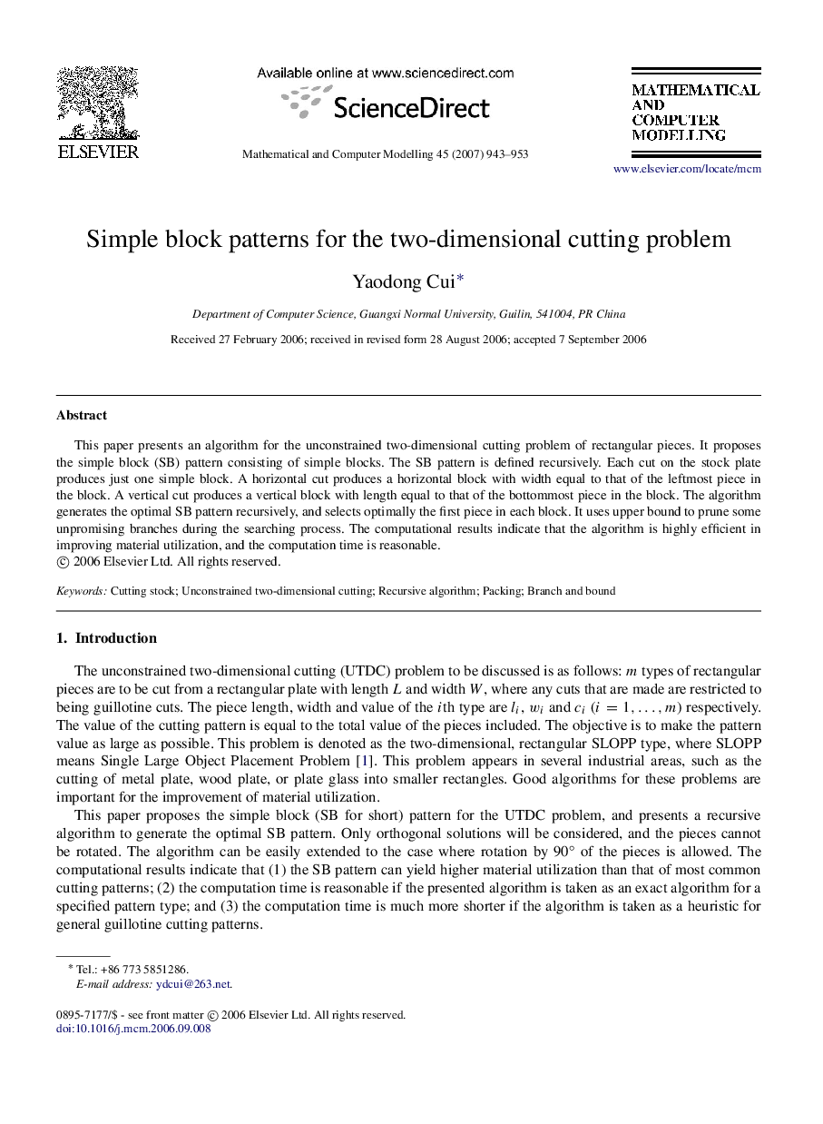 Simple block patterns for the two-dimensional cutting problem