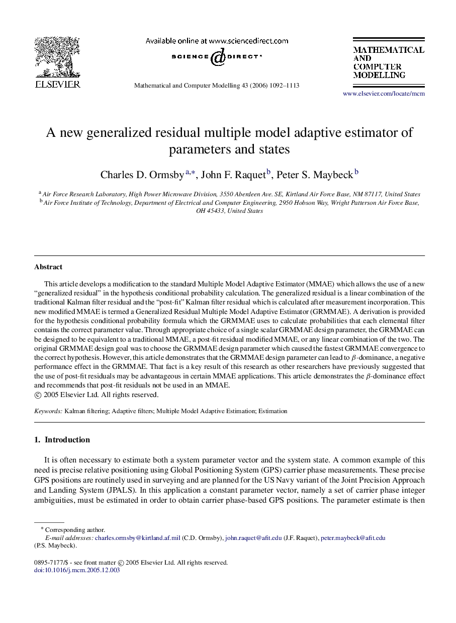 A new generalized residual multiple model adaptive estimator of parameters and states