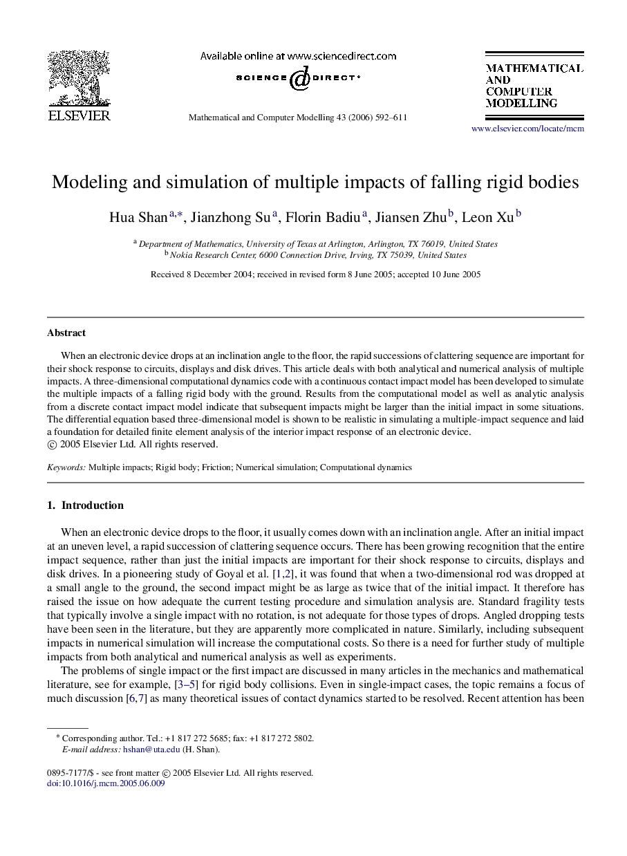 Modeling and simulation of multiple impacts of falling rigid bodies