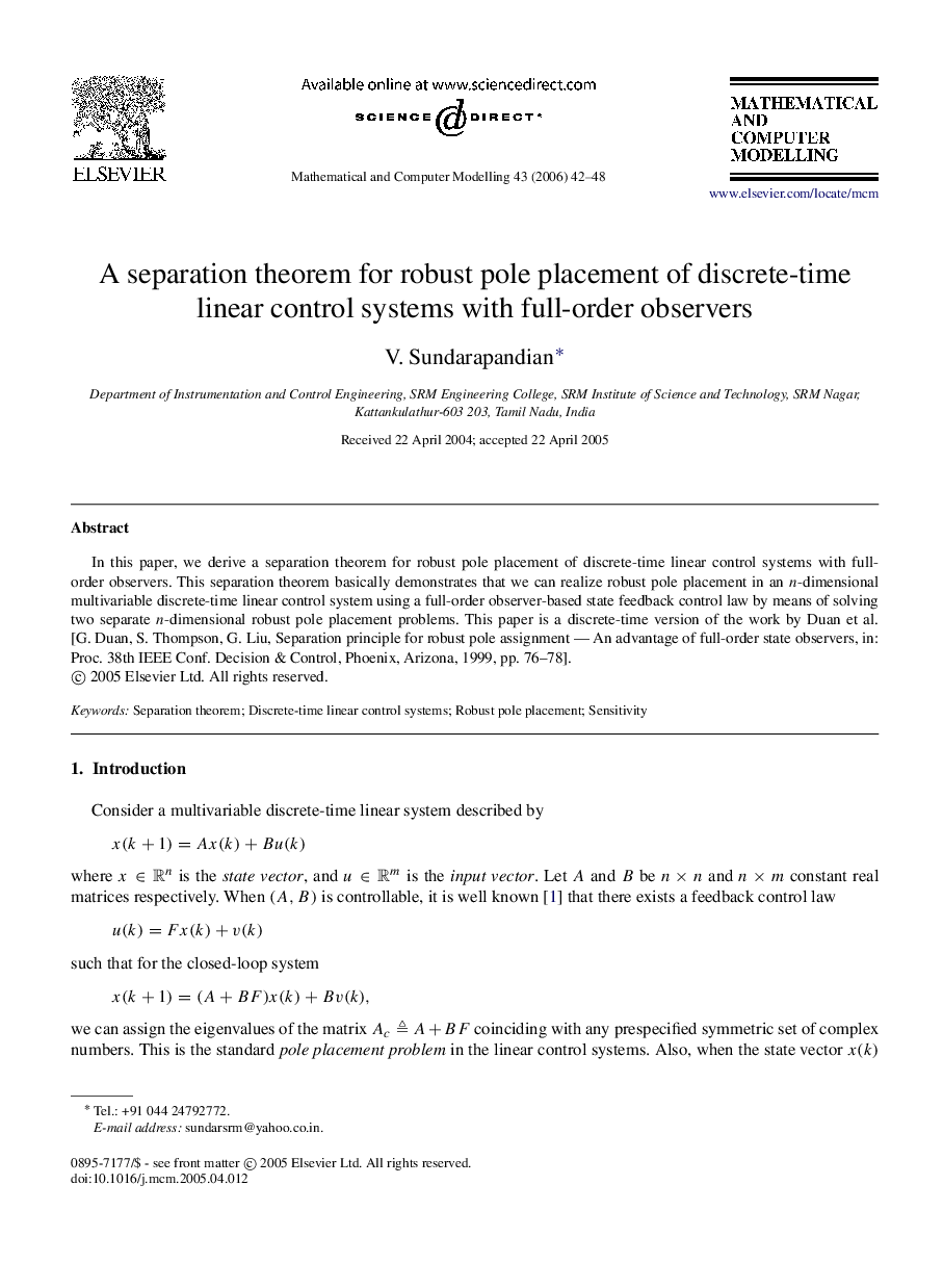 A separation theorem for robust pole placement of discrete-time linear control systems with full-order observers