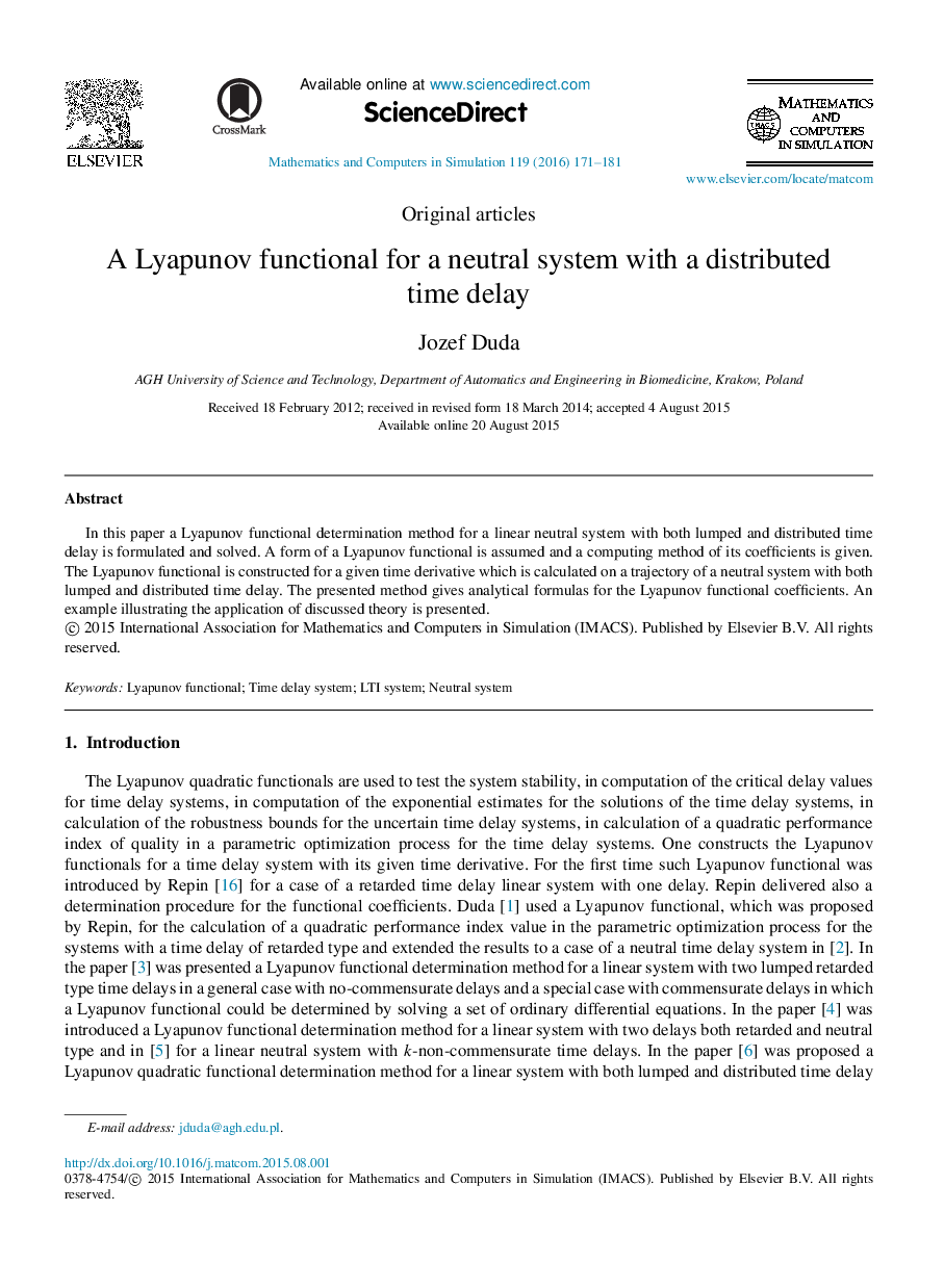 A Lyapunov functional for a neutral system with a distributed time delay