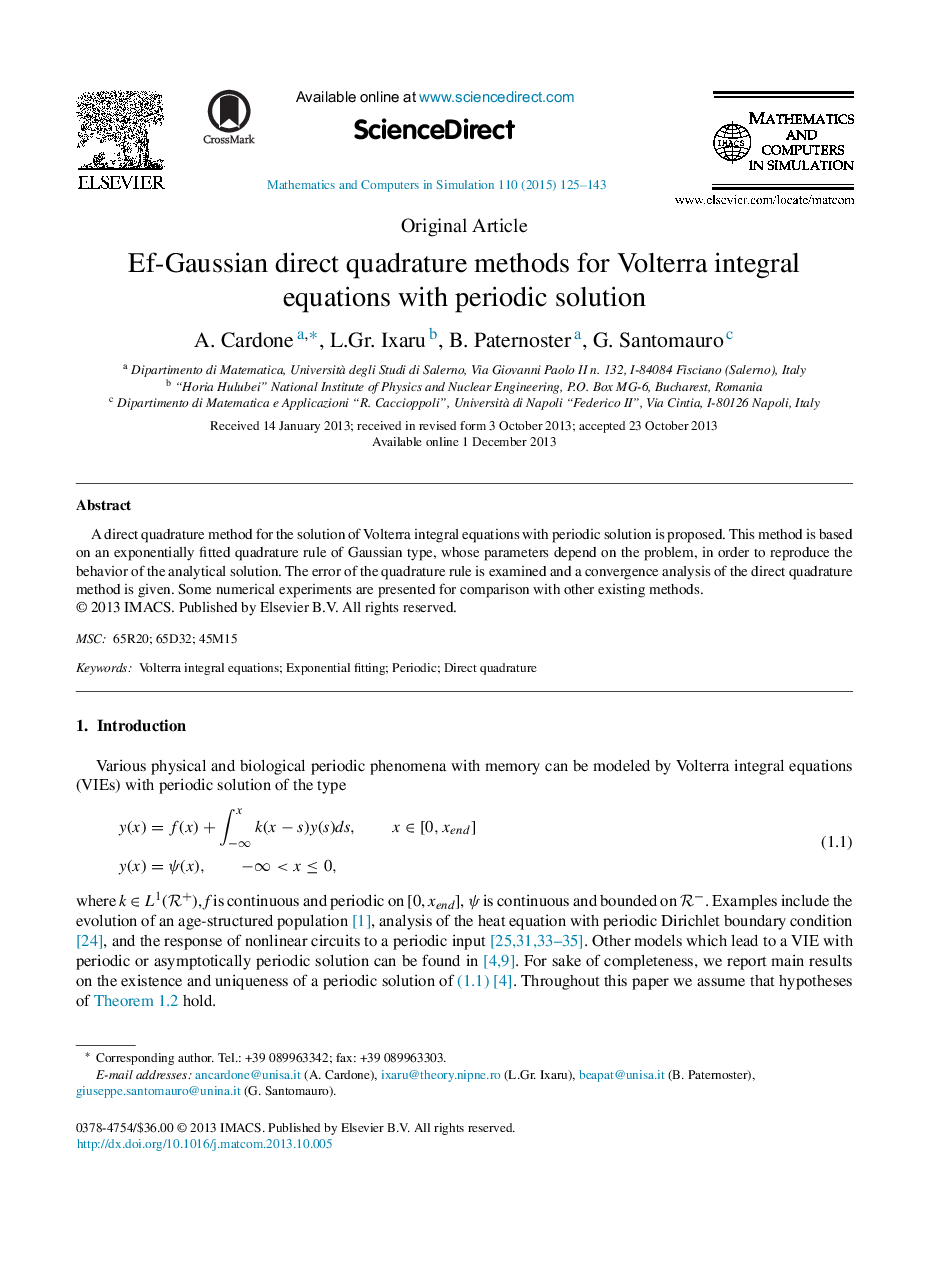 Ef-Gaussian direct quadrature methods for Volterra integral equations with periodic solution