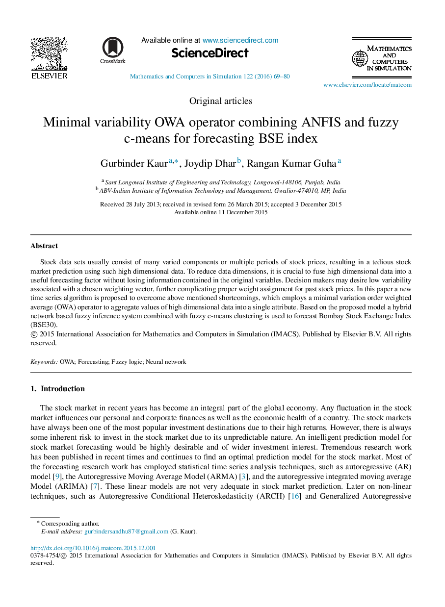 Minimal variability OWA operator combining ANFIS and fuzzy c-means for forecasting BSE index