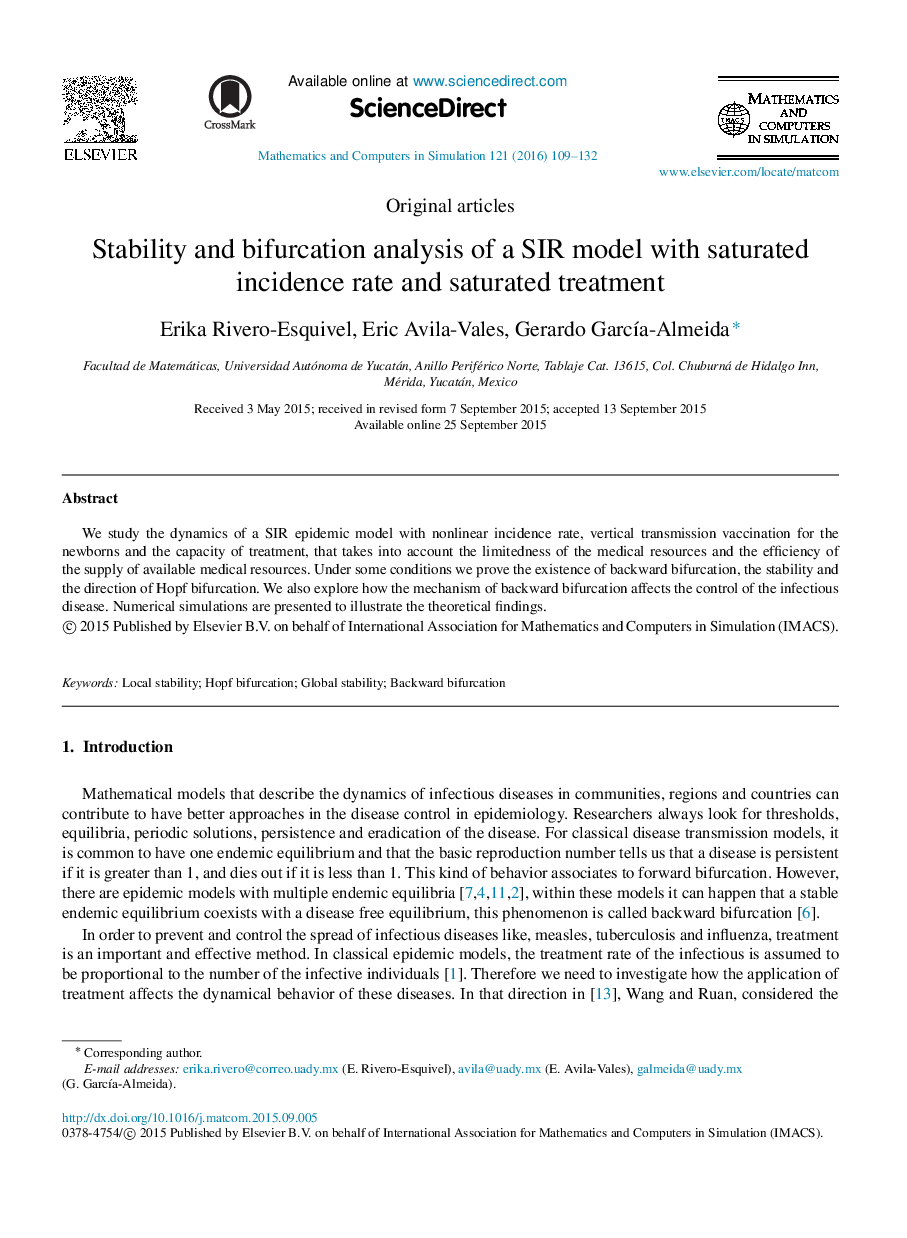 Stability and bifurcation analysis of a SIR model with saturated incidence rate and saturated treatment