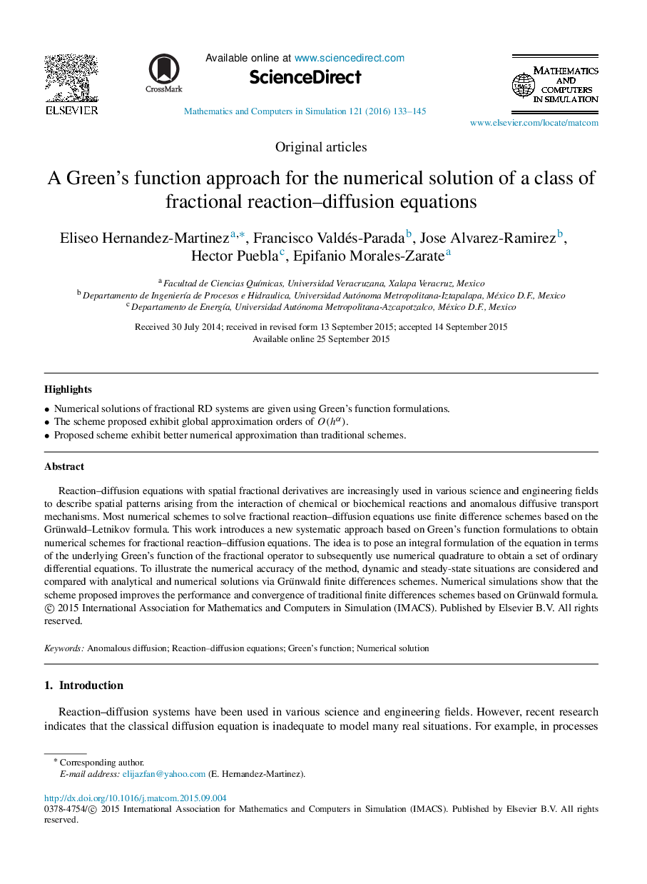 A Green’s function approach for the numerical solution of a class of fractional reaction–diffusion equations