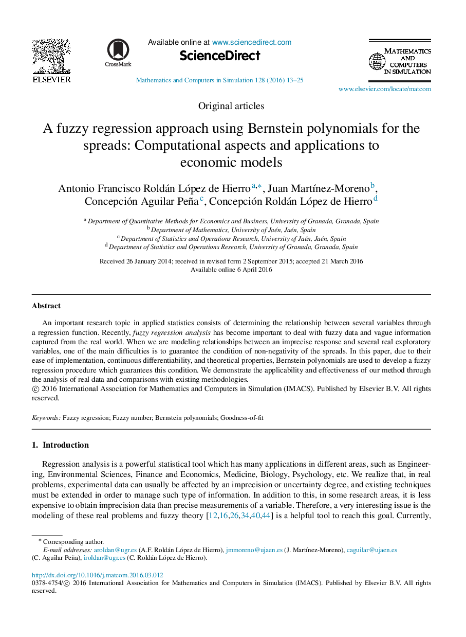 A fuzzy regression approach using Bernstein polynomials for the spreads: Computational aspects and applications to economic models