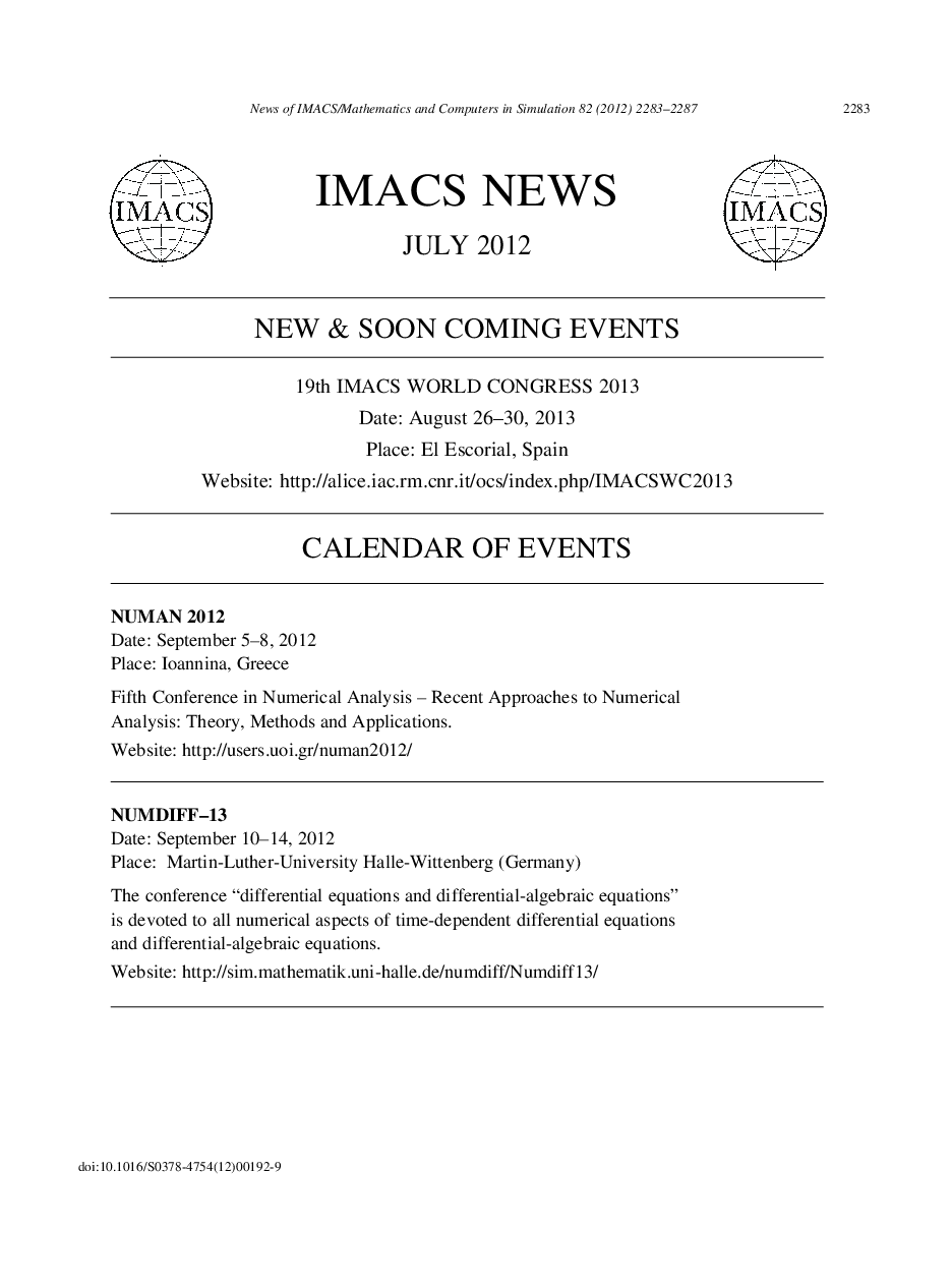IMACS Calendar of Events