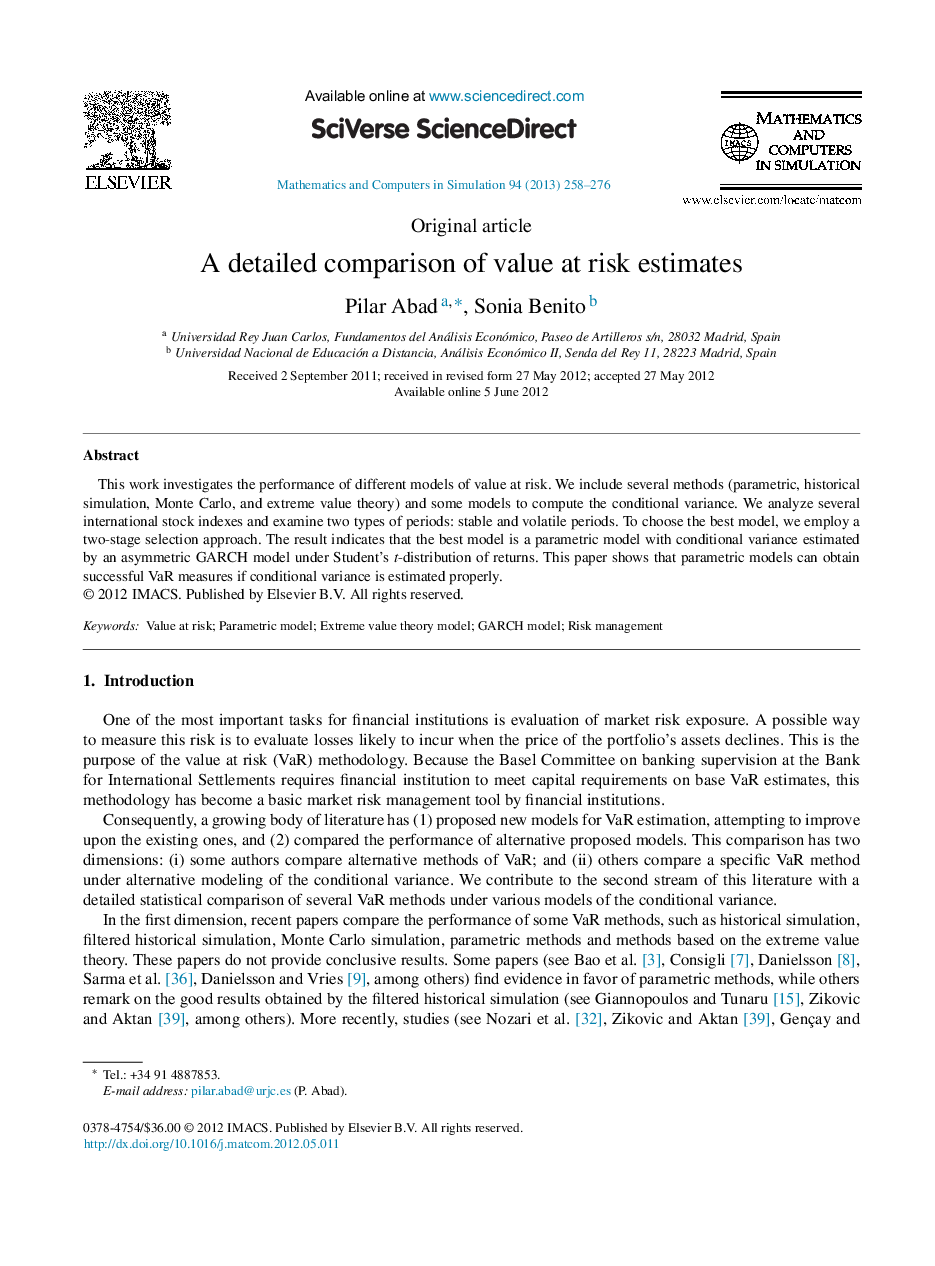 A detailed comparison of value at risk estimates