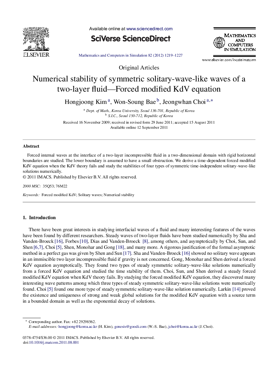 Numerical stability of symmetric solitary-wave-like waves of a two-layer fluid-Forced modified KdV equation