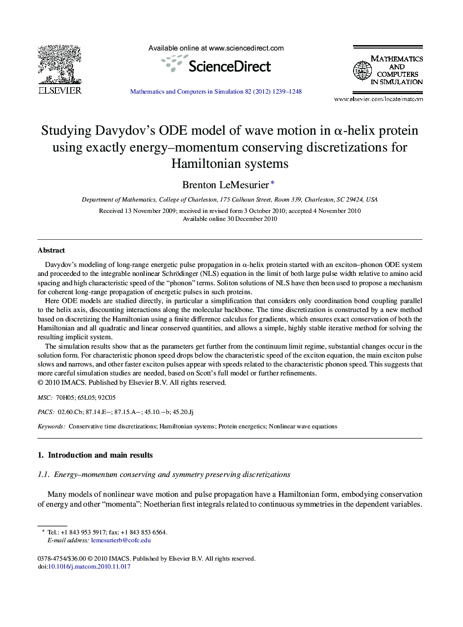 Studying Davydov’s ODE model of wave motion in α-helix protein using exactly energy–momentum conserving discretizations for Hamiltonian systems