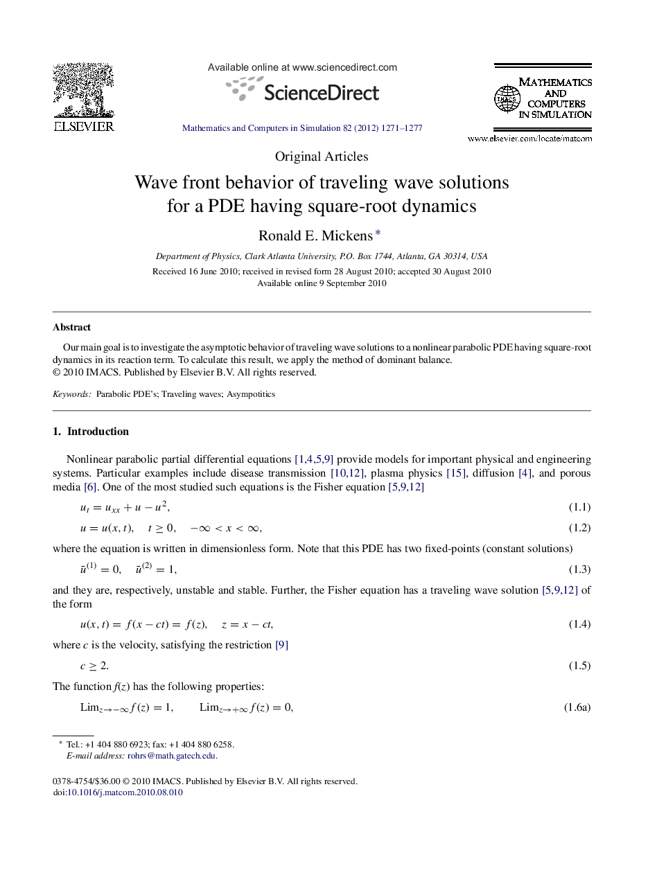 Wave front behavior of traveling wave solutions for a PDE having square-root dynamics