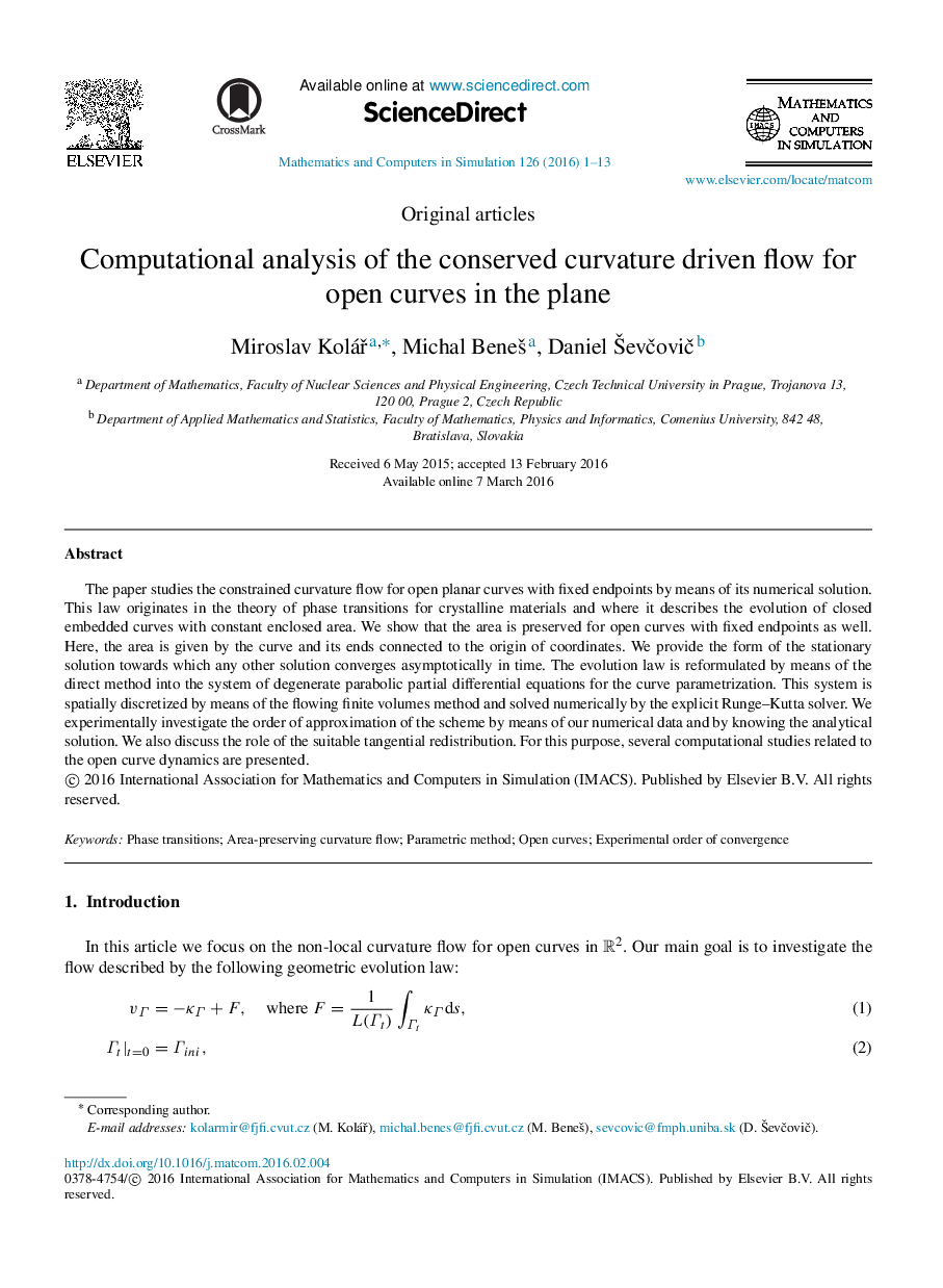 Computational analysis of the conserved curvature driven flow for open curves in the plane