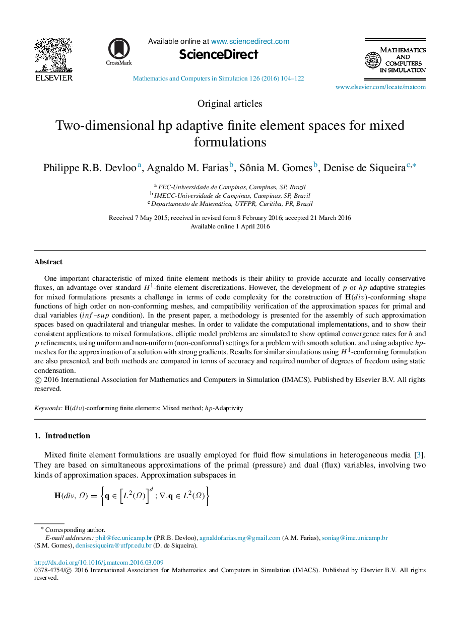 Two-dimensional hp adaptive finite element spaces for mixed formulations