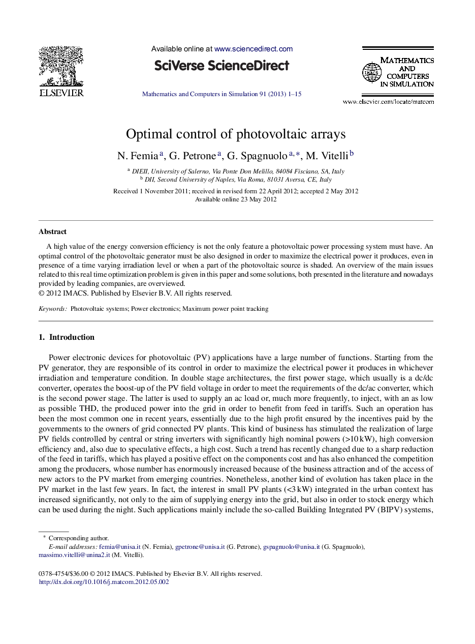 Optimal control of photovoltaic arrays