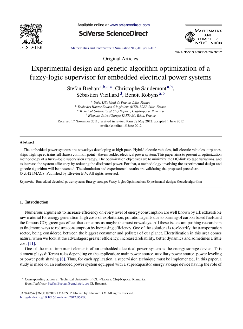 Experimental design and genetic algorithm optimization of a fuzzy-logic supervisor for embedded electrical power systems