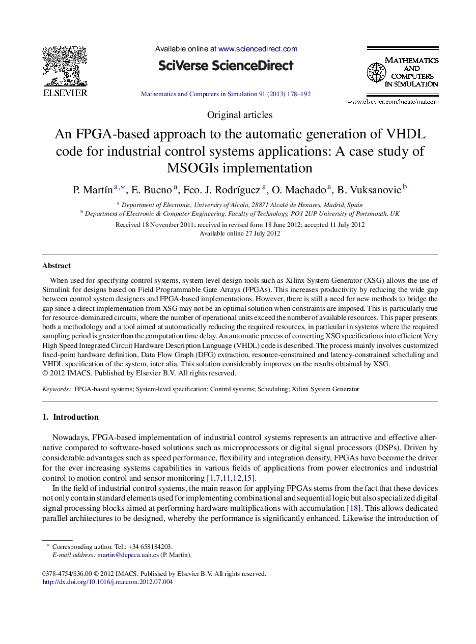 An FPGA-based approach to the automatic generation of VHDL code for industrial control systems applications: A case study of MSOGIs implementation