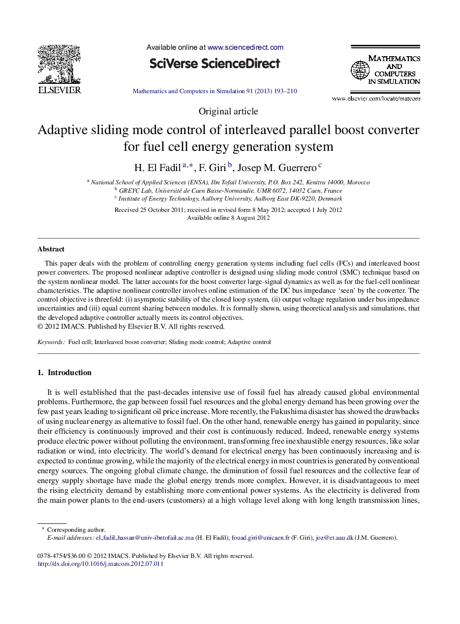 Adaptive sliding mode control of interleaved parallel boost converter for fuel cell energy generation system