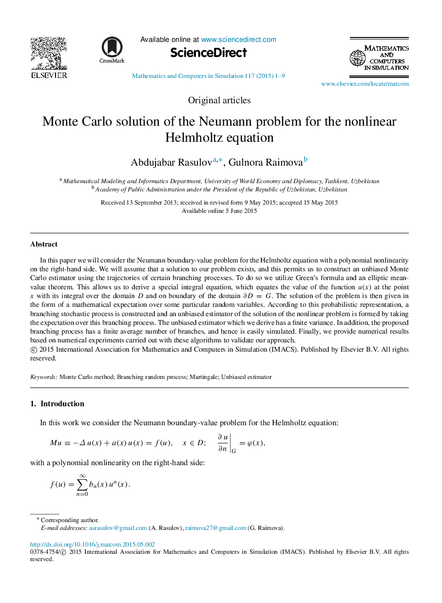 Monte Carlo solution of the Neumann problem for the nonlinear Helmholtz equation