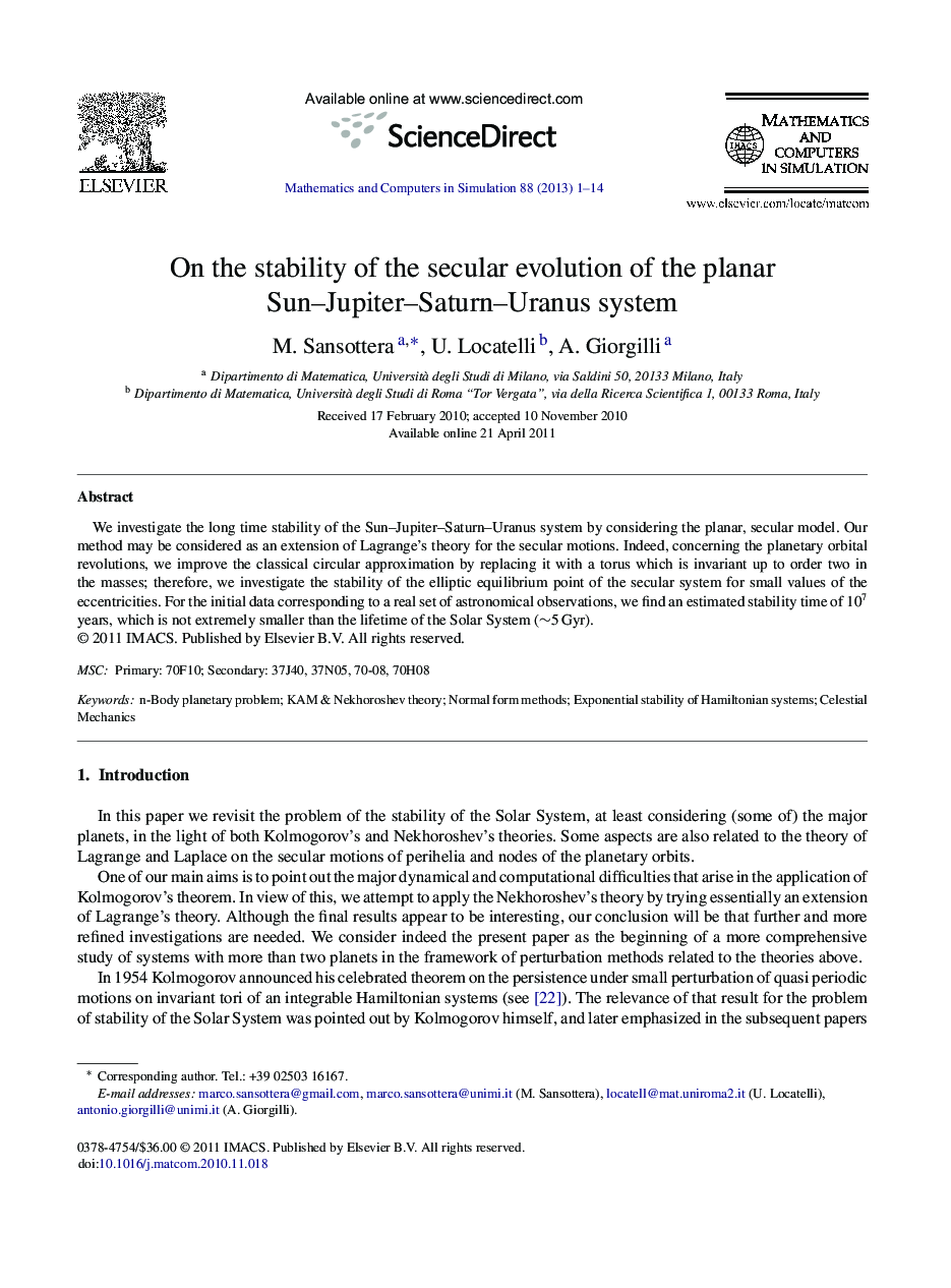 On the stability of the secular evolution of the planar Sun–Jupiter–Saturn–Uranus system