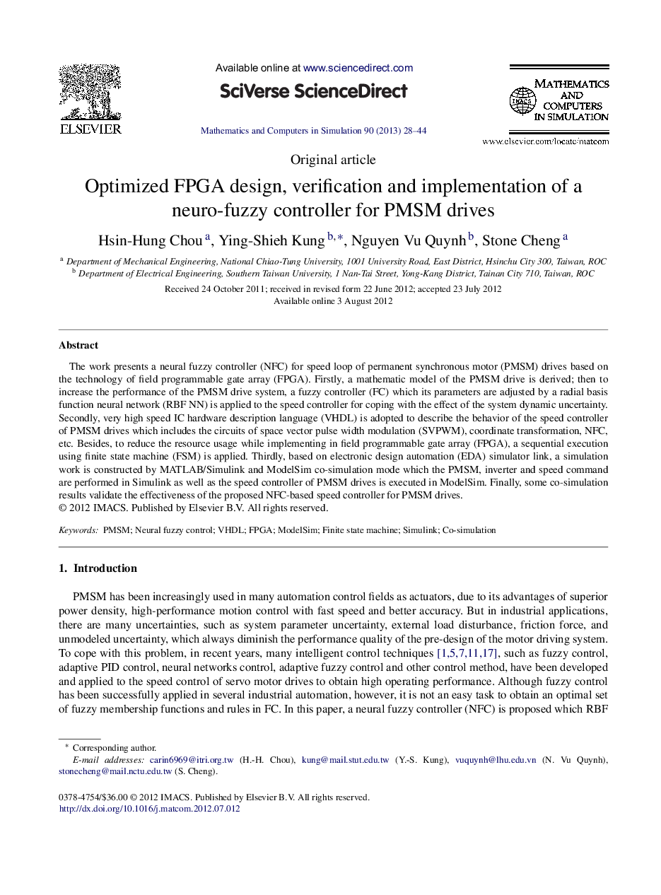 Optimized FPGA design, verification and implementation of a neuro-fuzzy controller for PMSM drives