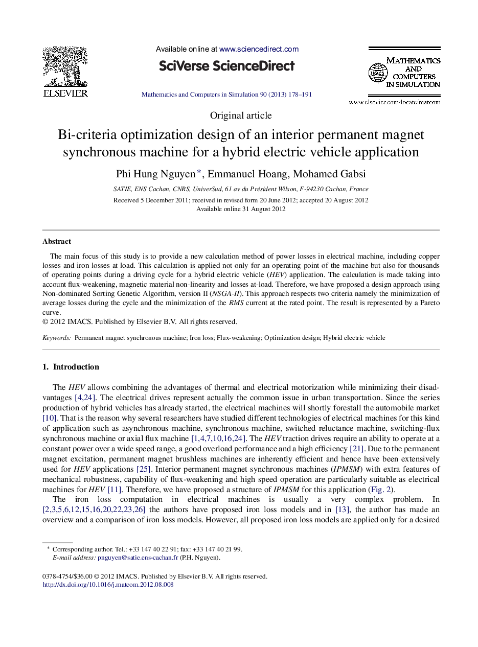 Bi-criteria optimization design of an interior permanent magnet synchronous machine for a hybrid electric vehicle application