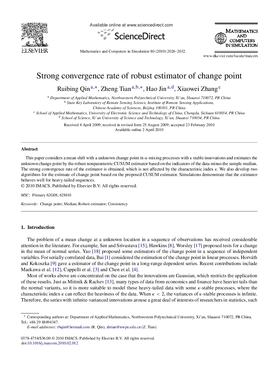 Strong convergence rate of robust estimator of change point