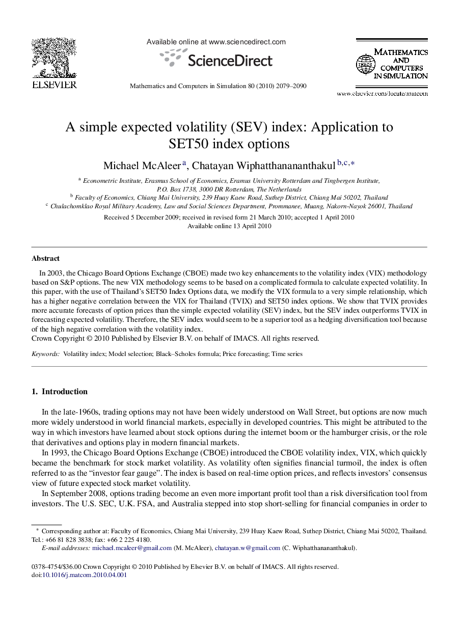 A simple expected volatility (SEV) index: Application to SET50 index options